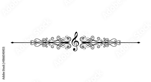 Elegant horizontal music divider featuring a treble clef surrounded by intricate black swirls and scrolls, decorative vector element