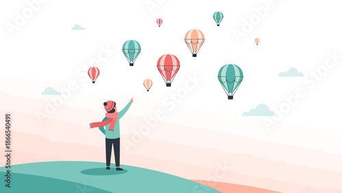 Dreamy Hot Air Balloon Adventure with a Man Gazing at the Sky