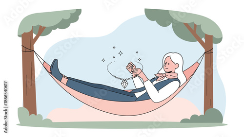 Dreamy Relaxation Woman Enjoys Jewelry In Hammock Outdoor Peaceful Scene
