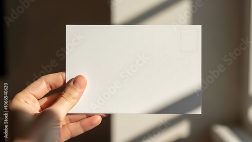 Close-up photo of a hand holding a blank white postcard or envelope against a wall with sharp sunlight and architectural shadows.