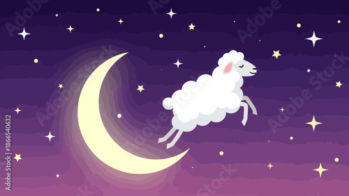 Dreamy Sheep Leaping Across Moonlit Sky With Stars Good Night Illustration