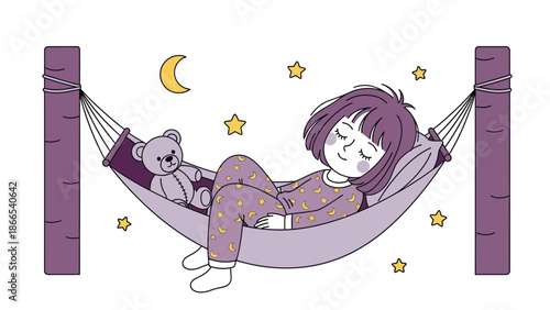 Dreamy Slumber Young Girl With Teddy Bear In Hammock Under Stars