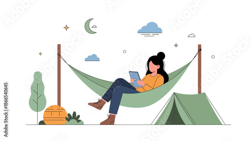 Digital Nomad Woman Relaxing In Hammock With Tablet During Camping Adventure