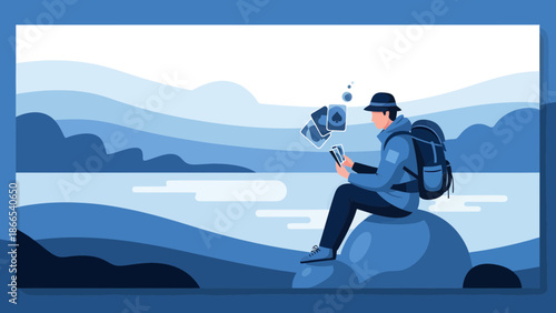 Digital Nomad Playing Card Games Near Serene Lake Scene Vector Illustration