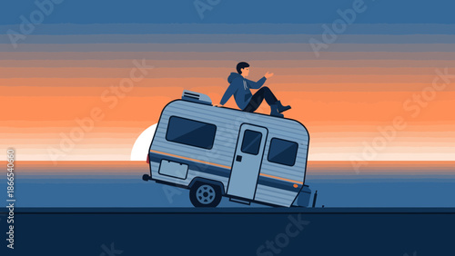 Dreamy Sunset Reflections Leisurely Journey Silhouette Camping Car Concept