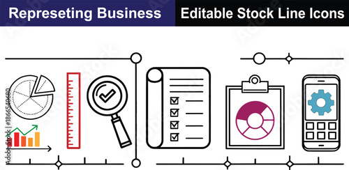 Representing business editable stock line icons pie chart ruler magnifying glass and mobile phone