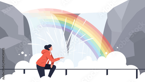 Dreamy Waterfall With Rainbow And Pensive Woman Enjoying The Landscape View