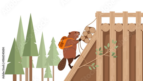 Diligent Beaver Constructing A Rustic Dam With Forest Scenery In The Background