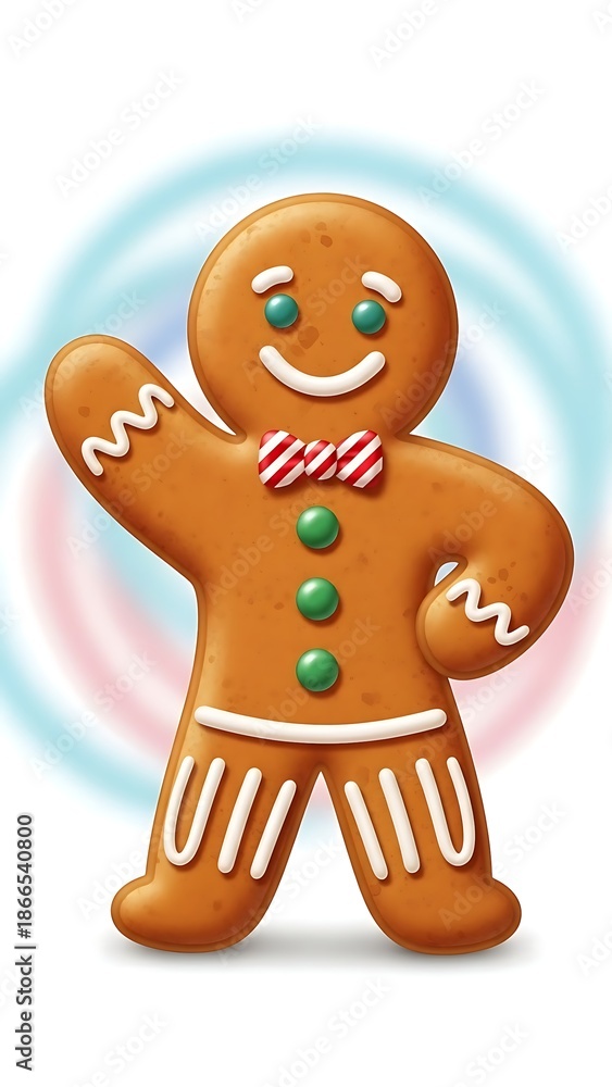 Obraz premium Cheerful 3D digital illustration of a gingerbread man character waving hello, wearing a striped bow tie and green candy buttons.