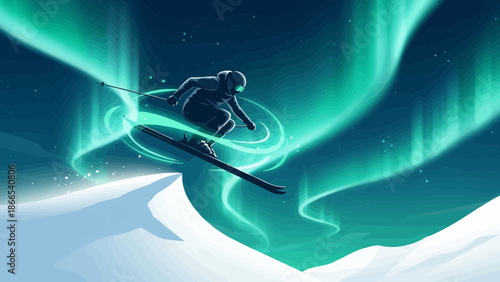 Dynamic Skiing Adventure Under The Northern Lights Digital Illustration