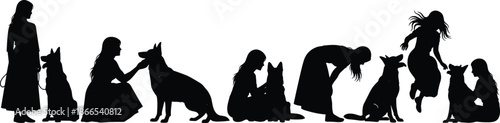 Woman training dog silhouette set, pet owner playing with puppy, animal behavior education concept, happy domestic life, friendship illustration