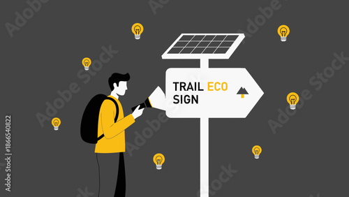 Directional Sign With Solar Panel Trail Eco Sign And Person Concept