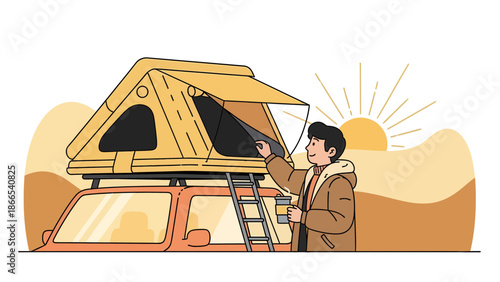 Early Morning Adventure Man Preparing For A Day Of Exploration In His Roof Tent