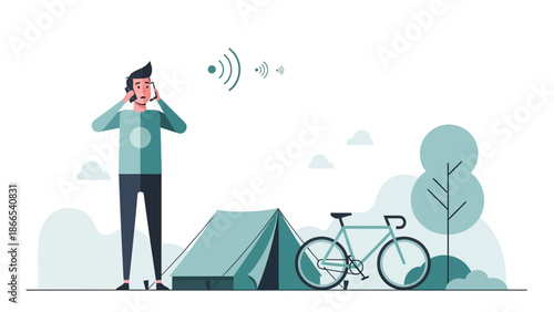 Disconnected In Nature Man Using Cellphone While Camping Outdoors Adventure