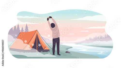 Early Morning Stretch At Campsite Near River In Winter Scenery Flat Vector Illustration