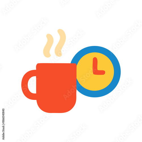 Work break with steaming coffee and clock suitable for projects relating to work, relaxation, time management, breaks, and workplace culture