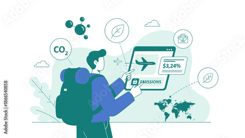 Eco Conscious Traveler Assessing Carbon Footprint On Digital Device Before Trip