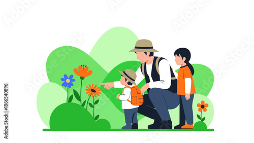 Discovering Nature Dad with Kids Exploring Flowers Educational Trip