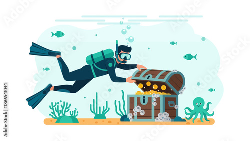 Diver Finding Treasure Adventure Undersea Discovery Seeking Riches Beneath Depths