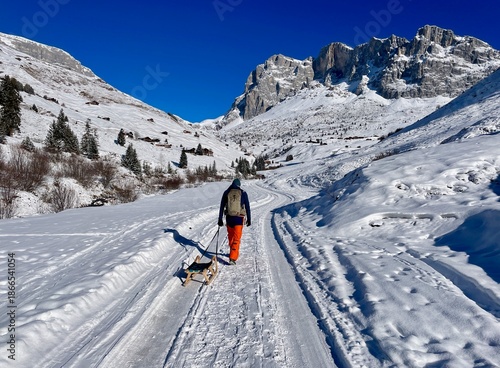 Man pulling a wooden sledge through the snow in a winter landscape. Partnun, Grisons, Switzerland.