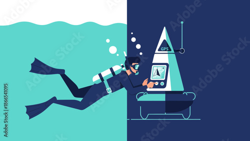 Diver Navigating Underwater Using Gps Technology Exploring Ocean Depths