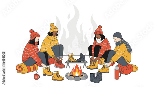 Diverse Friends Enjoying Warmth Around Campfire Preparing Footwear For Winter Adventure