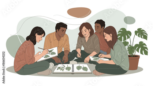 Diverse Friends Learning About Nature Together In An Art Class Or Workshop