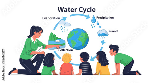 Educational Illustration Of Teacher Explaining Water Cycle To A Group Of Students