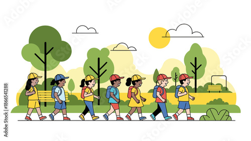 Diverse Group Of Children Walking To School Through A Verdant Park