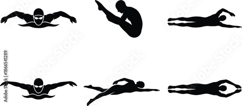 Comprehensive Collection of Professional Swimmer and Diver Black Vector Silhouettes Featuring Various Aquatic Sports Poses and Strokes Isolated on White Background
