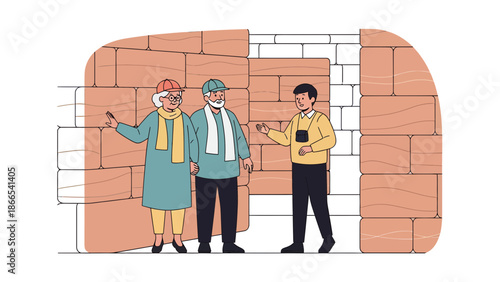Elderly Couple Explore Ancient Ruins With a Professional Guide Illustration