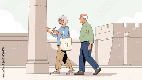 Elderly Couple Exploring Ancient City Cultural Immersion With Architectural Landmarks