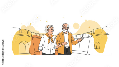Elderly Couple Exploring Ancient Landmark Together in Retirement Vector Illustration