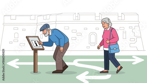Elderly Couple Exploring Historical Site Together Through Information Sign Guidance