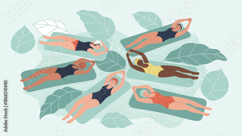 Diverse Women Relaxing On Water Mats Surrounded By Botanical Leaves Illustration