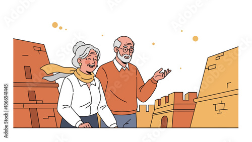 Elderly Couple Exploring Ancient Landmarks During Retirement Trip Adventures