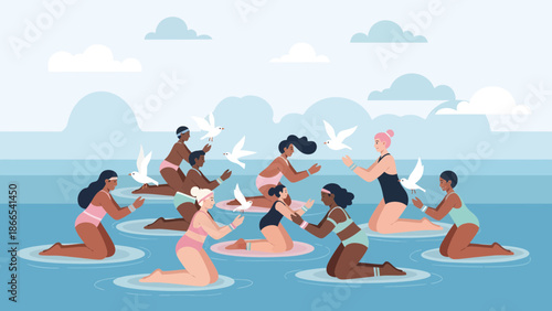 Diverse Women Releasing Doves On Water For Peace And Unity Theme