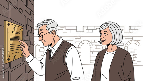 Elderly Couple Reading History Plaque While Visiting A Historical City Building
