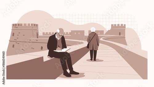 Elderly Couple Exploring The Great Wall Of China During Sunny Day Illustration