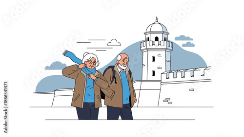 Elderly Couple Exploring Historical Landmark During Vacation On A Windy Day