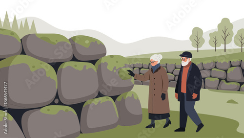 Elderly Couple Taking a Scenic Hike Alongside Ancient Moss Covered Rock Wall