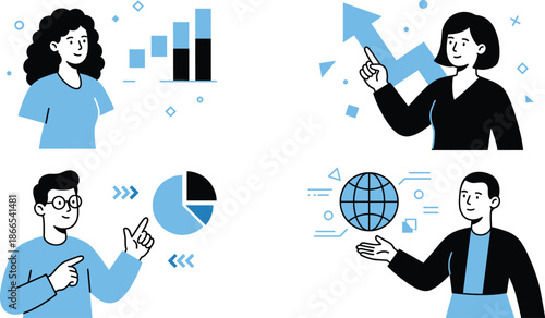 Business analytics teamwork illustration showing professionals presenting growth charts global data statistics insights strategy collaboration and performance improvement concepts