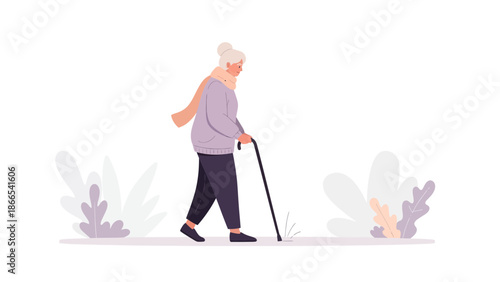 Elderly Woman Walking With A Cane In Nature Illustration Minimal Style