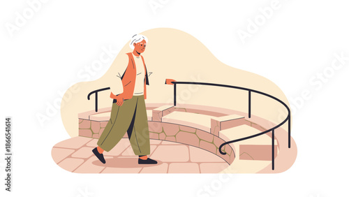 Elderly Woman Taking a Stroll on a Stone Path With Railing and Steps