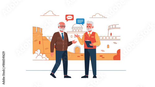 Elders Discussing Historical Site Details On Tour Experience With Speech Bubbles