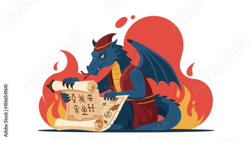 Dragon Guardian Unraveling Ancient Map Amidst Fiery Ambiance For A Hidden Treasure