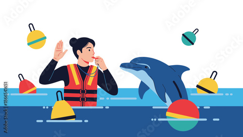 Dolphin Trainer Communicating With Marine Animal With Whistle Illustration