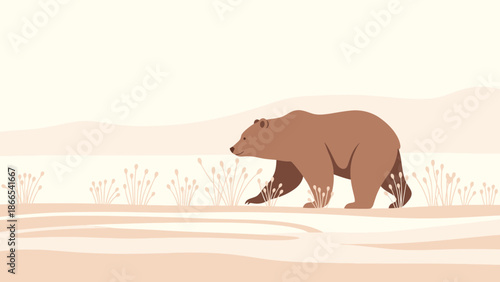 Elegant Bear Strolling In Serene Landscape Illustration With Soft Color Palette