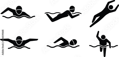 Collection of Black Vector Silhouettes Featuring Professional Swimmers and Divers in Various Athletic Poses Isolated on White Background