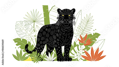 Elegant Black Panther Amidst Tropical Foliage And Decorative Adornments Graphic Illustration